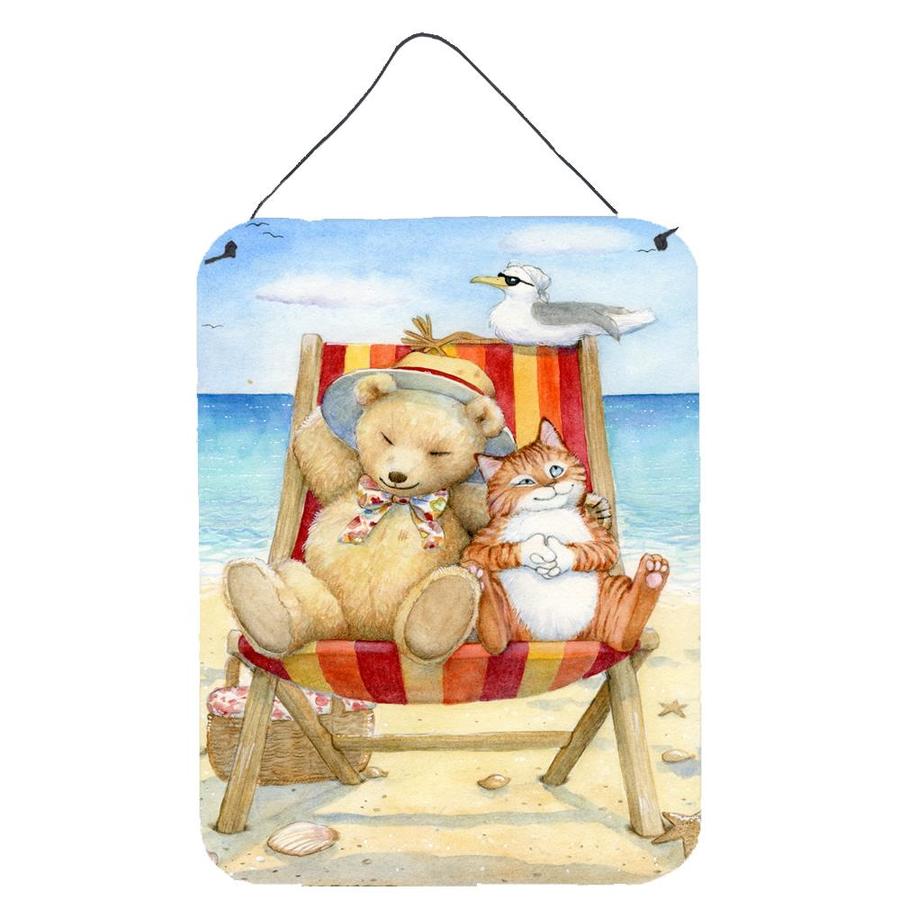 Caroline's Treasures Summer Teddy Bear and Cat On Beach Wall or Door Hanging Prints