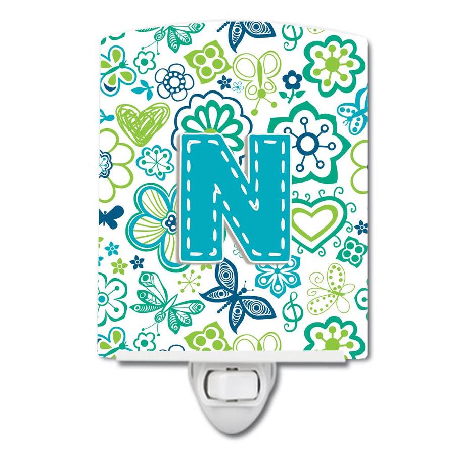 Caroline's Treasures Letter N Flowers and Butterflies Teal Blue Ceramic Night Light