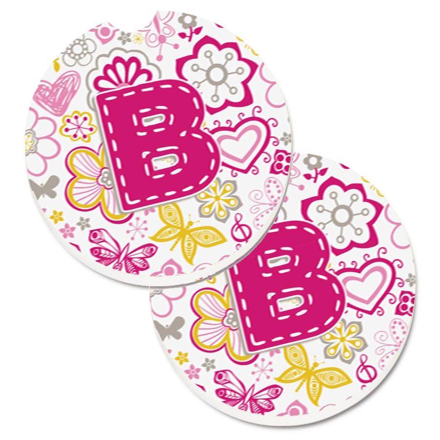 Caroline's Treasures Letter B Flowers and Butterflies Pink Set Of 2 Cup Holder Car Coasters