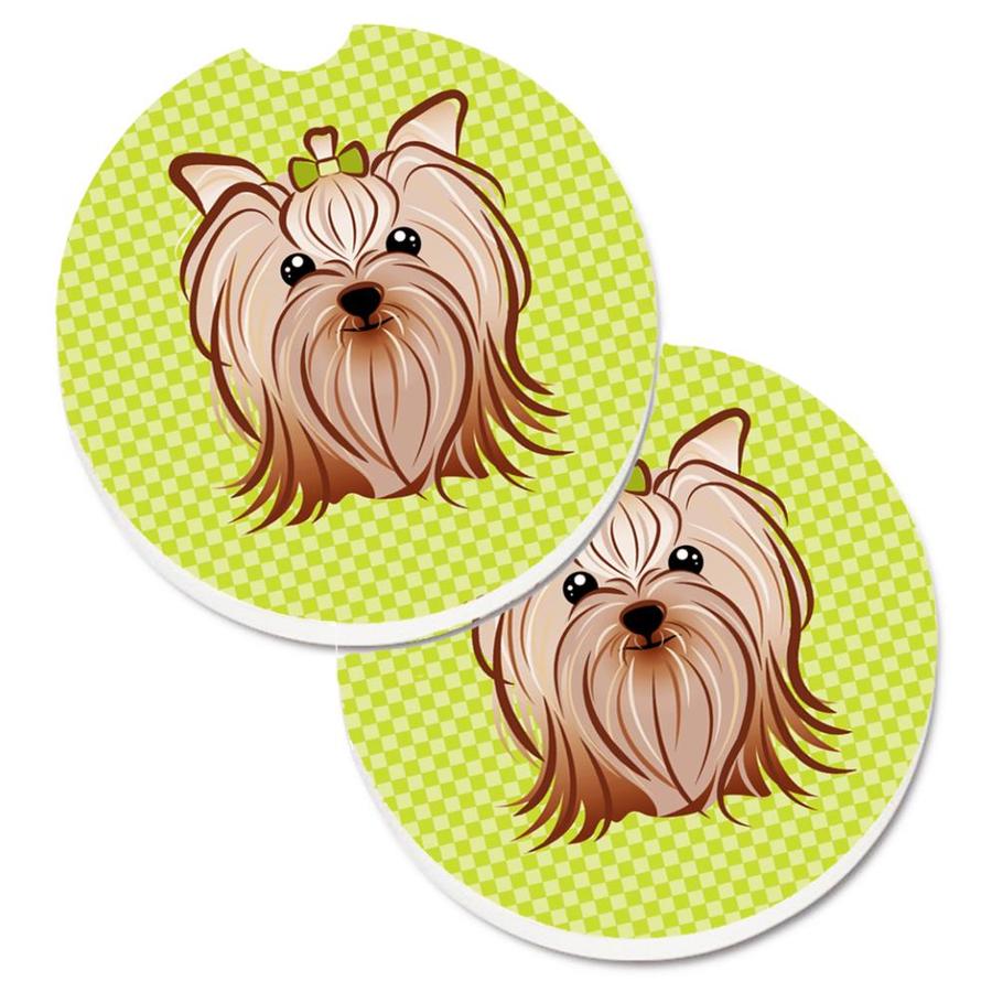 Caroline's Treasures Checkerboard Lime Green Yorkie Yorkishire Terrier Set Of 2 Cup Holder Car Coasters