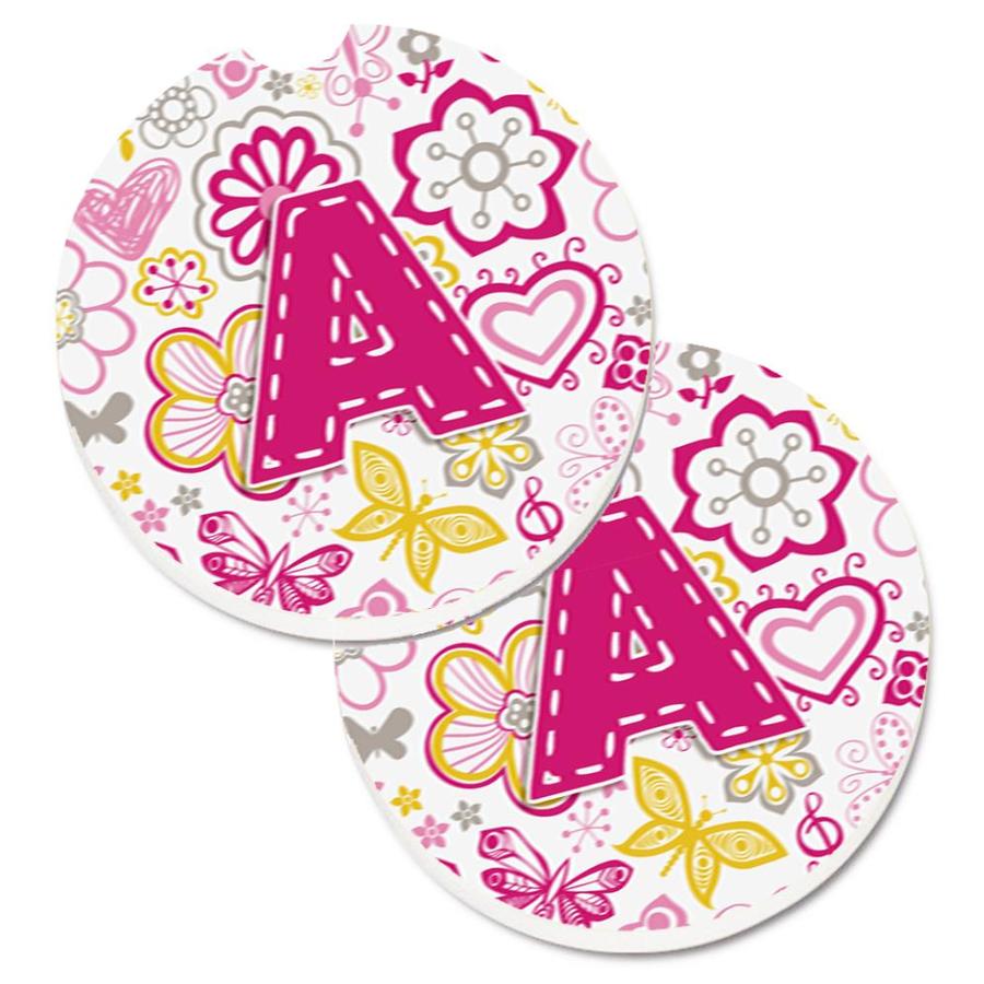 Caroline's Treasures Letter A Flowers and Butterflies Pink Set Of 2 Cup Holder Car Coasters