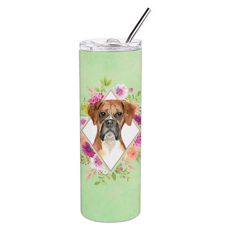 Caroline's Treasures Boxer Green Flowers Double Walled Stainless Steel 20 Oz Skinny Tumbler