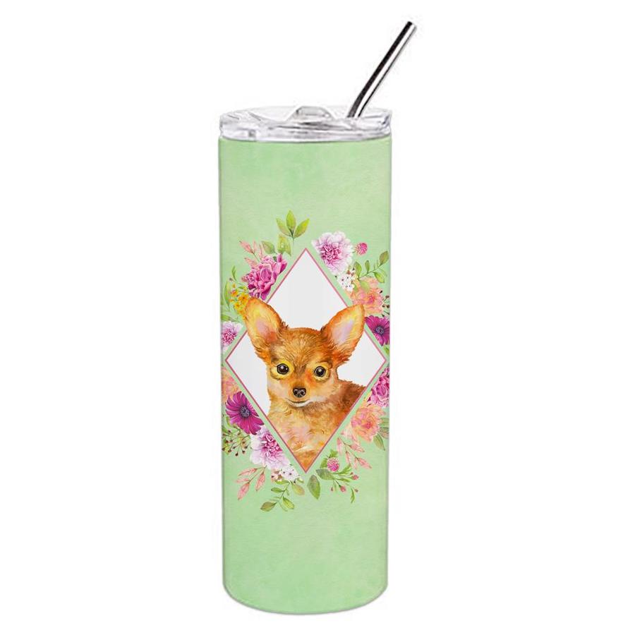 Caroline's Treasures Toy Terrier Green Flowers Double Walled Stainless Steel 20 Oz Skinny Tumbler