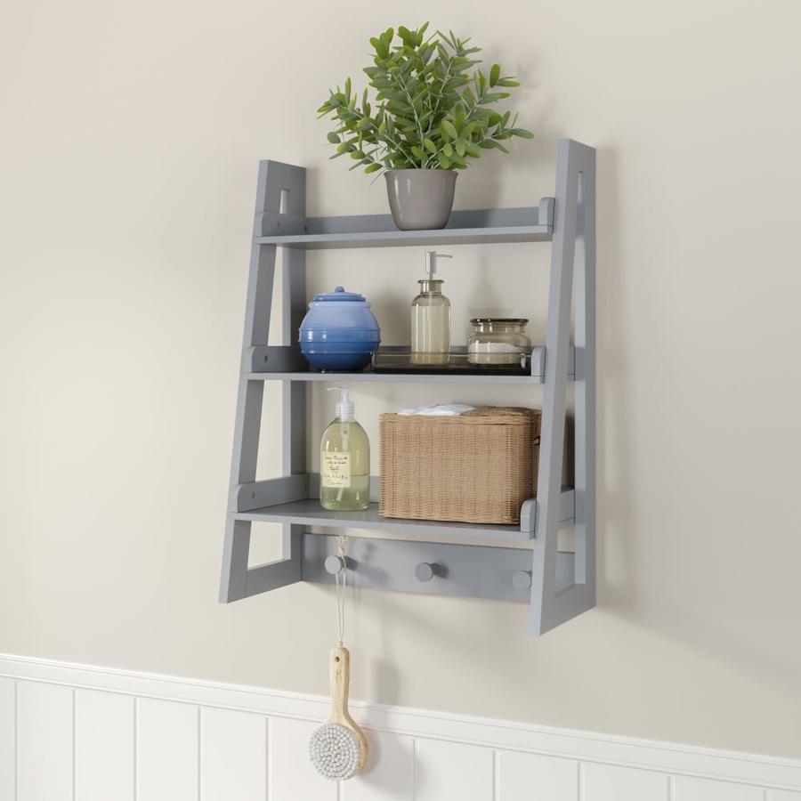 RiverRidge Gray Amery Wall Shelf with Hooks in the Bathroom Wall ...