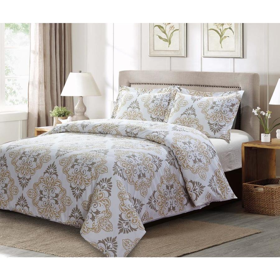 Style Quarters 3-Piece Gray and Taupe Damask Print King Duvet Set in ...