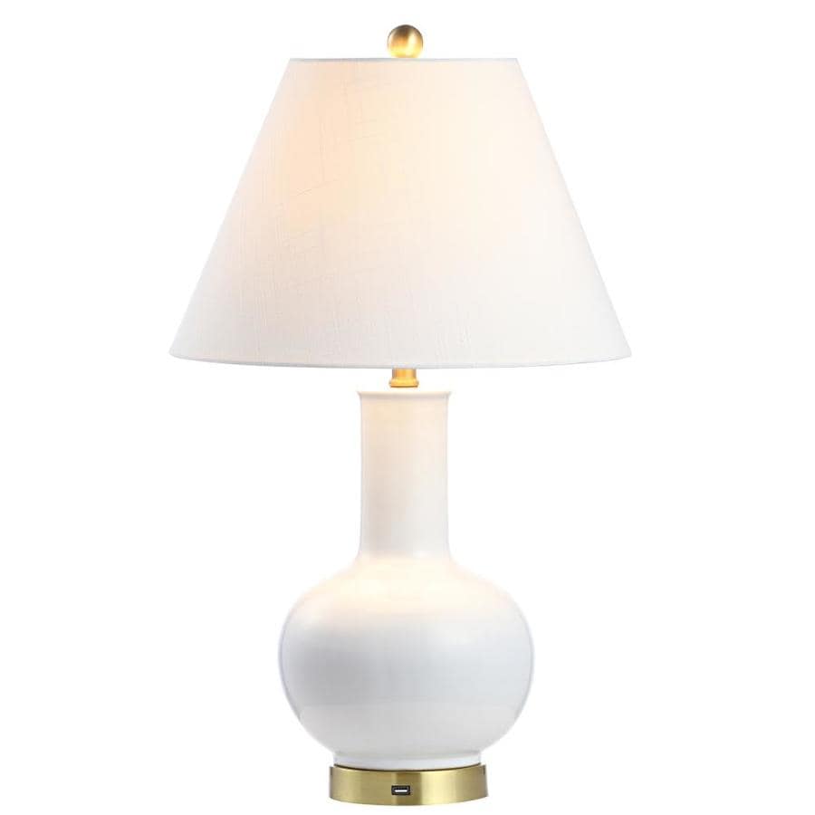 JONATHAN Y Traditional White/Brass Gold Table Lamp with Linen Shade in ...