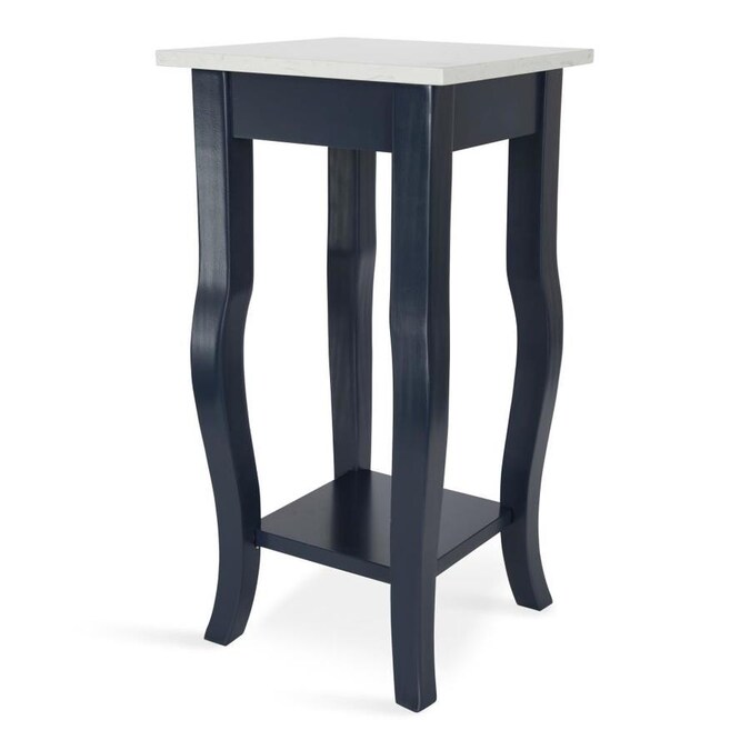Kate and Laurel Lillian Glam Cultured Marble End Table, 12 x 12 x 24, White and Navy Blue, Chic