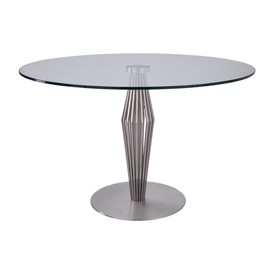 Armen Living Lindsey Glass Top Round Dining Table With Brushed Stainless Steel Metal Base In The