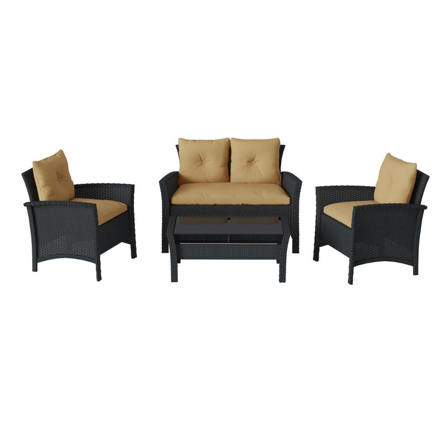 Corliving 4pc Black Resin Rattan Wicker Patio Set With Red Cushions In The Patio Conversation Sets Department At Lowes Com