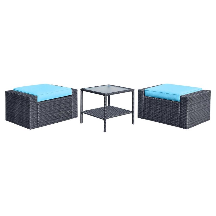 Casainc Outdoor Patio Furniture 3 Piece Rattan Sectional Ottoman All Weather Wicker Conversation Set With Glass Table Grey Wicker And Beige Cushions In The Patio Conversation Sets Department At Lowes Com