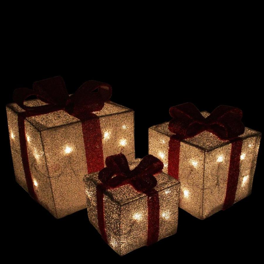 Northlight Set of 3 Silver Tinsel Lighted Gift Boxes with Red Bows ...