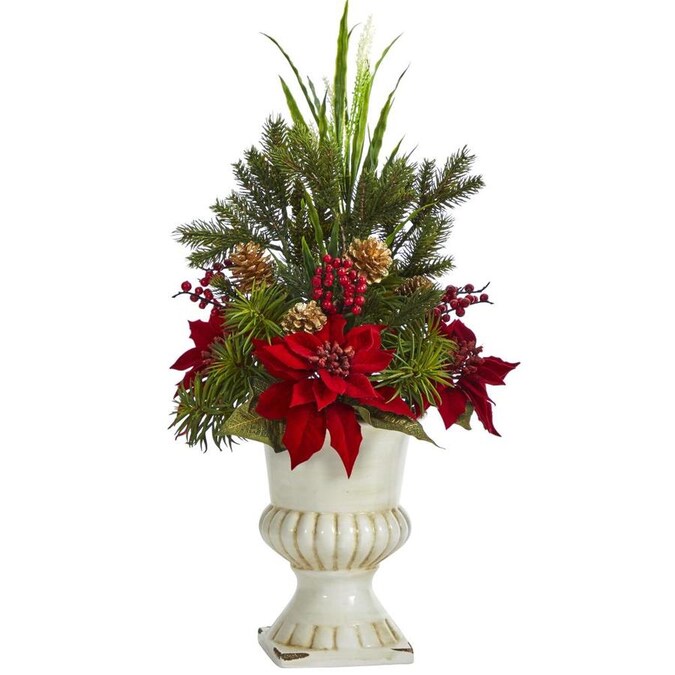 Nearly Natural 28 in. Poinsettia, Grass and Succulent Artificial