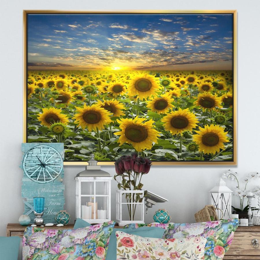 Designart Field of Blooming Sunflowers- Large Flower Framed Canvas Wall ...