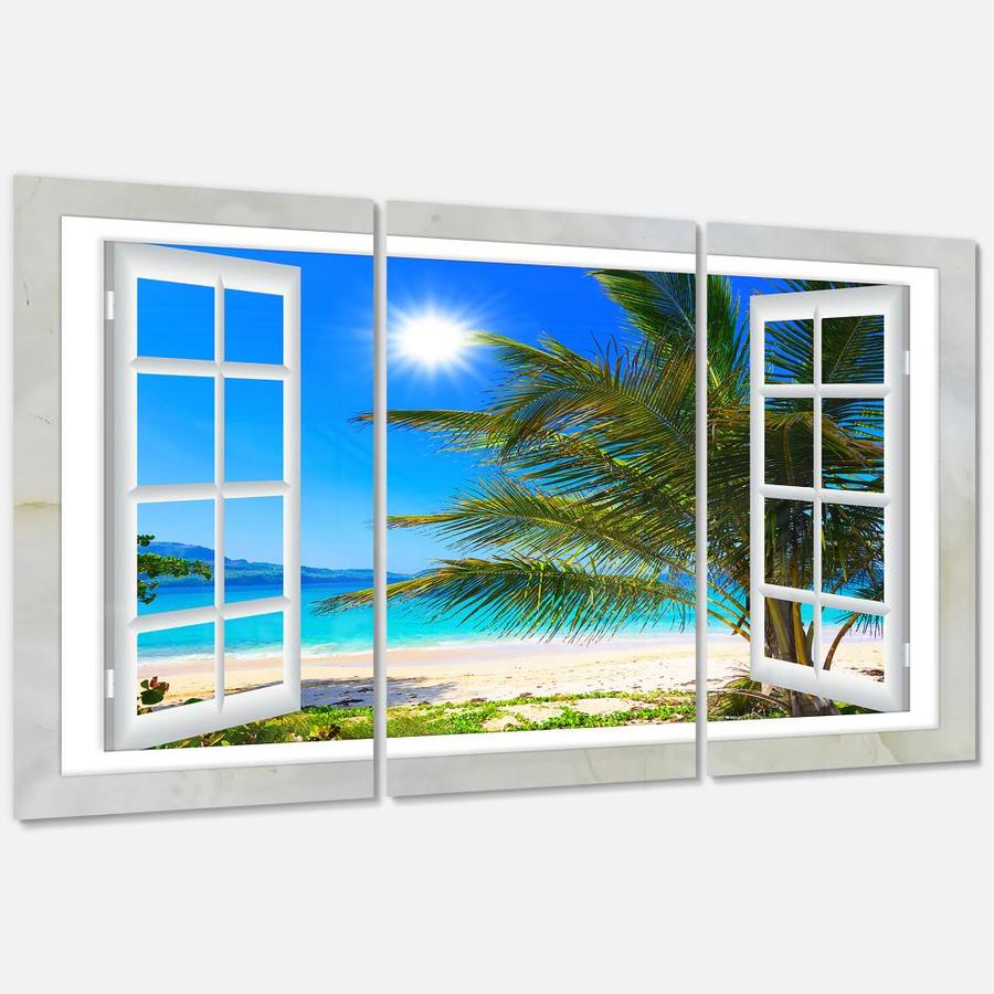 Designart Window Open to Beach with Palm- Multipanel Extra Large ...