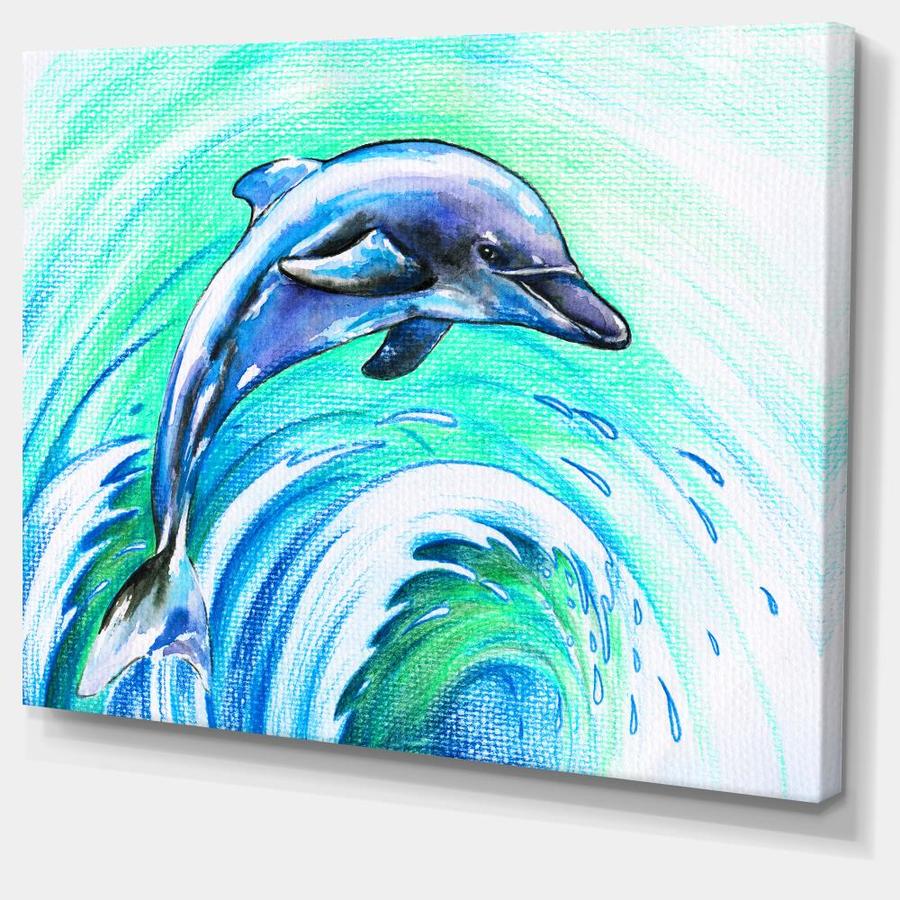 Designart Jumping Dolphin Watercolor- Animal Canvas Art Print in the ...