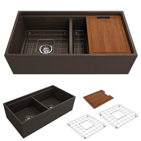 BOCCHI Contempo Apron Front Step Rim Fireclay 36 in. Double Bowl Kitchen Sink with Protective Bottom Grid and Strainer in Matte Brown