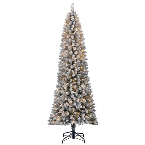 Holiday Living 7-ft Pre-Lit Slim Flocked Artificial Christmas Tree with 300 Constant White Clear ...