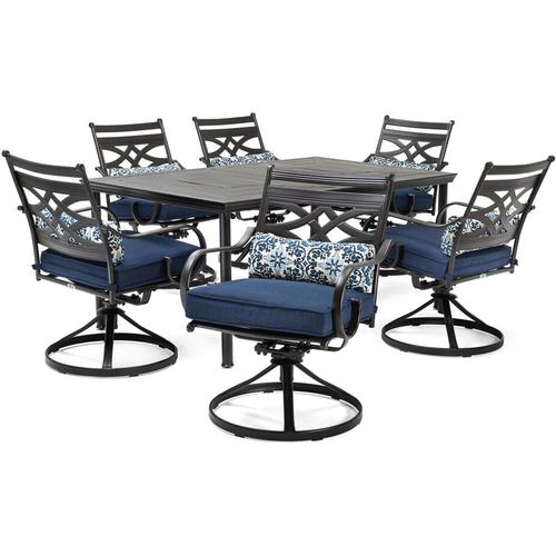 Hanover Montclair 7 Piece Brown Frame Patio Set With Navy Blue