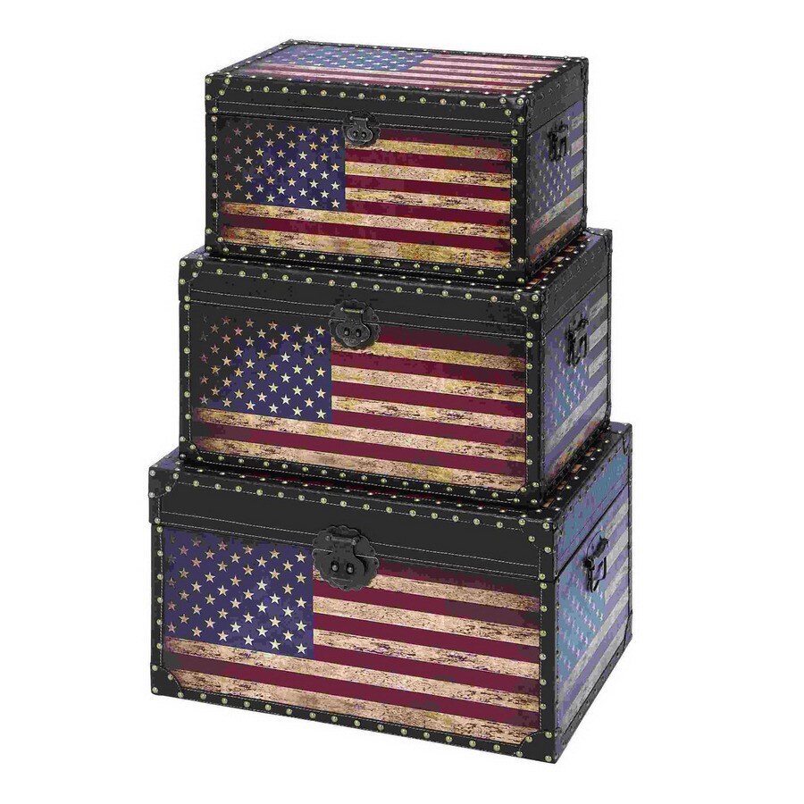 UMA Enterprises 35023 Set of 3 Rectangular Wood and Leather American Flag Trunk Boxes