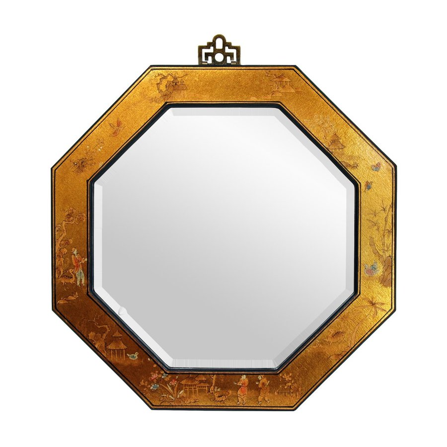 Oriental Furniture Lacquer Gold Leaf Beveled Octagon Wall Mirror at