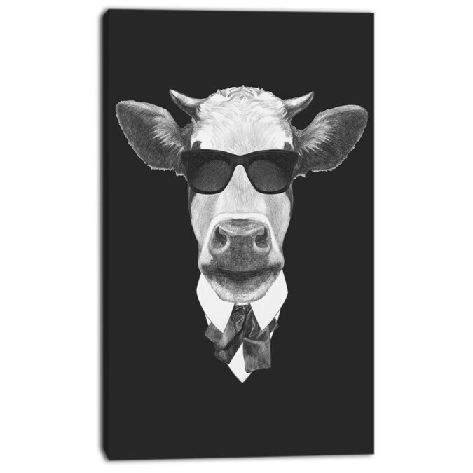 Designart Funny Cow in Suit with Glasses Animal Canvas
