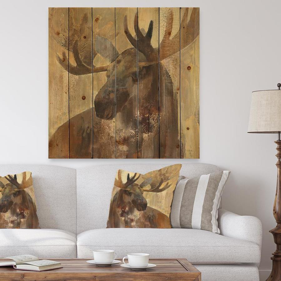 Designart Designart 'Into the Wild Gold Moose ' Print on Natural Pine ...