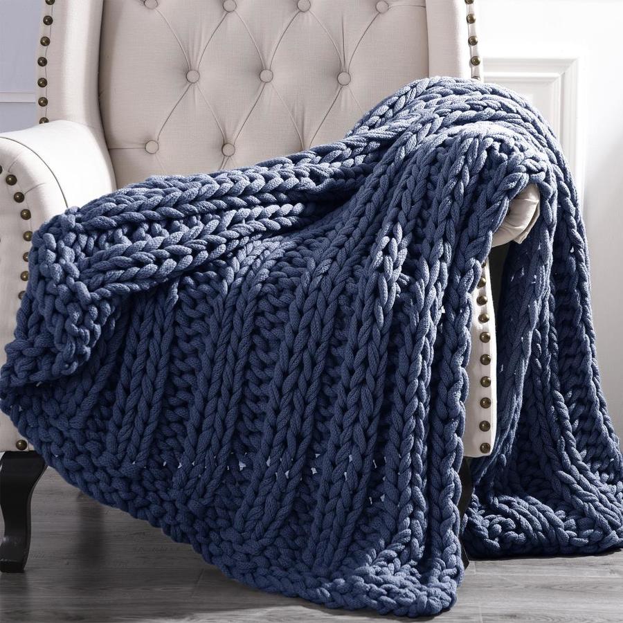 Amrapur Overseas Chunky Knit Throw Navy Cotton Throw in the Blankets