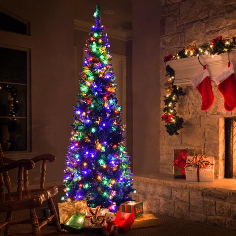 WELLFOR 7.5-ft Pre-Lit Traditional Slim Artificial Christmas Tree with ...