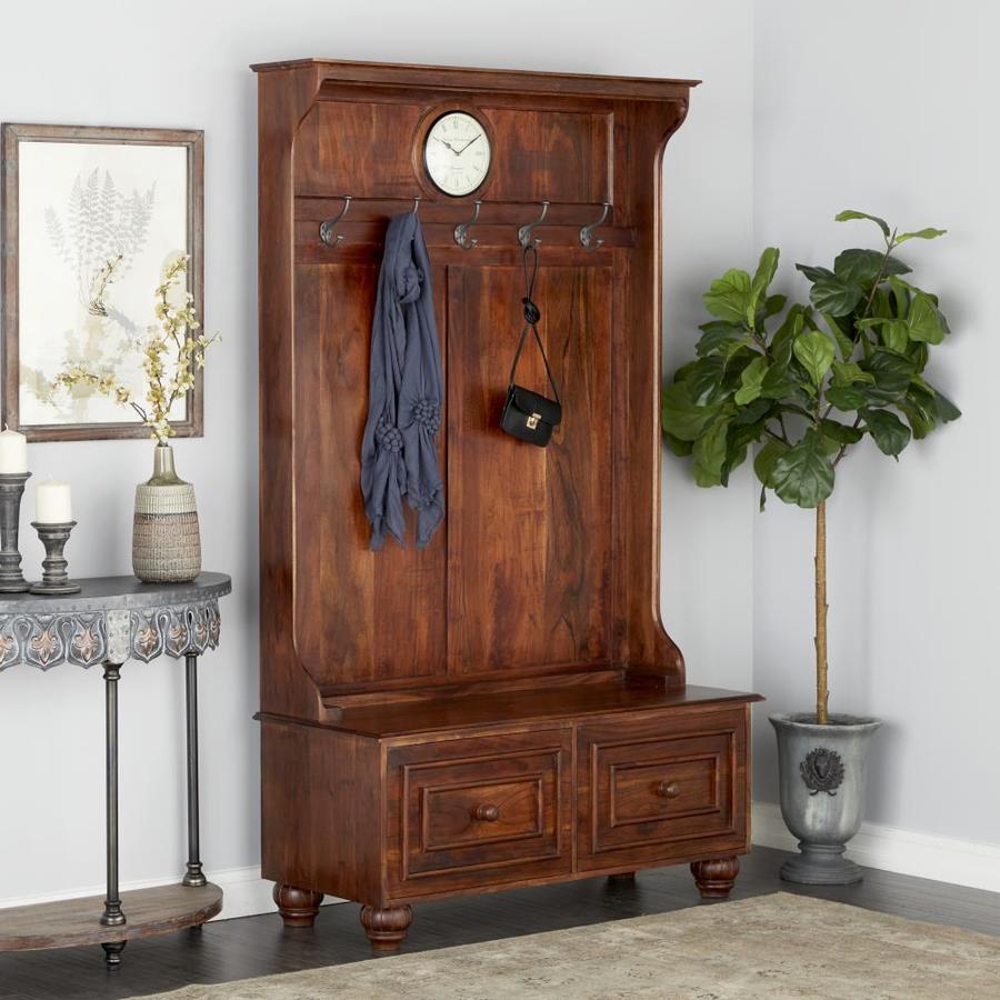 Grayson Lane Large Natural Wood Hall Tree Bench with Clock Coat Hooks ...