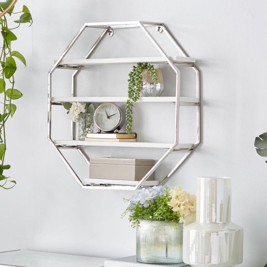 Grayson Lane Silver Stainless Steel and White Marble Octagon Wall Shelf ...