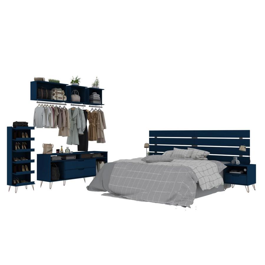 Manhattan Comfort Rockefeller 7 Piece Bedroom Set With Headboard Nightstand Tv Stand Shoe Storage And Floating Hanging Shelves In Tatiana Midnight Blue In The Bedroom Sets Department At Lowes Com