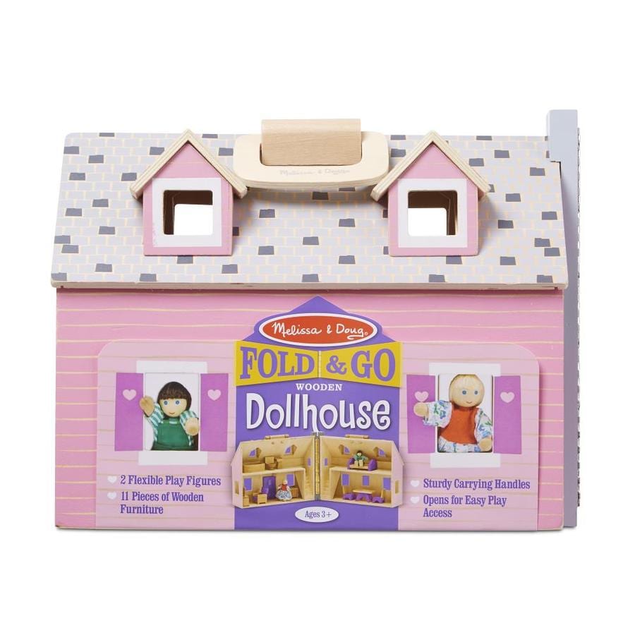 melissa & doug fold & go wooden dollhouse with 2 play figures and 11pc of furniture