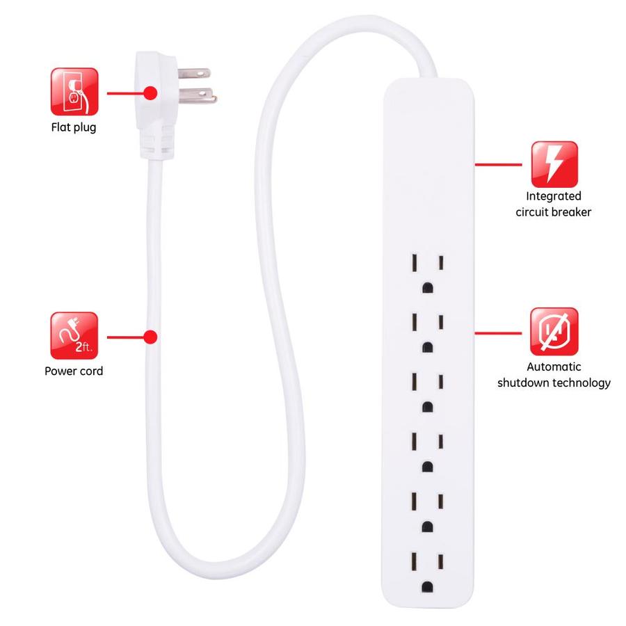 GE GE Power Strip Surge Protector, 6 Outlets, Flat Plug, 2ft Power Cord ...