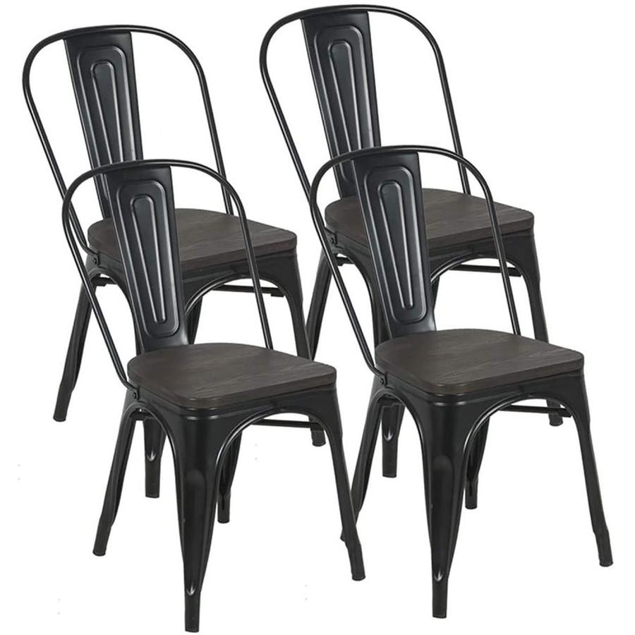 Casainc Black Dining Chairs With Wooden Seat Stackable Farmhouse Chair Outdoor Patio Restaurant Chair High Back Wide Seat Set Of 4 In The Patio Chairs Department At Lowes Com