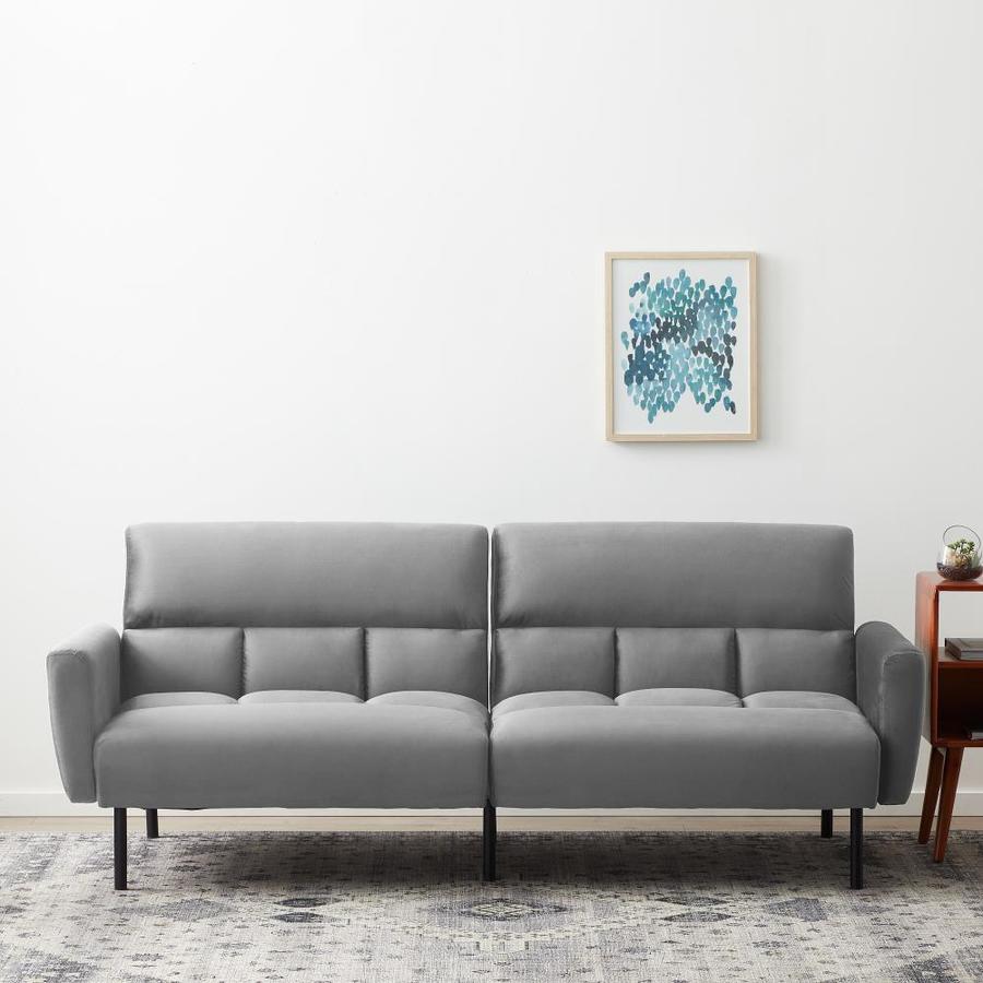 LUCID Comfort Collection Futon Sofa Bed with Box Tufting Gray Velvet in