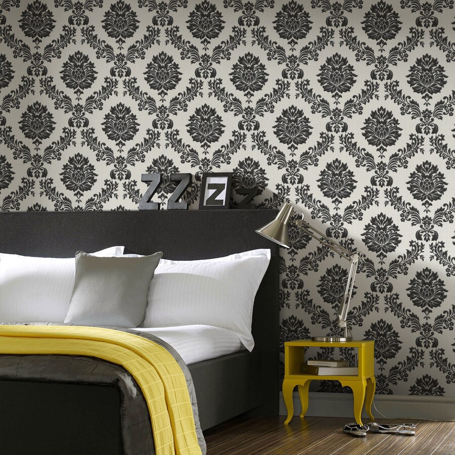 Graham & Brown Hermitage Black/White Vinyl Textured Damask Wallpaper in ...