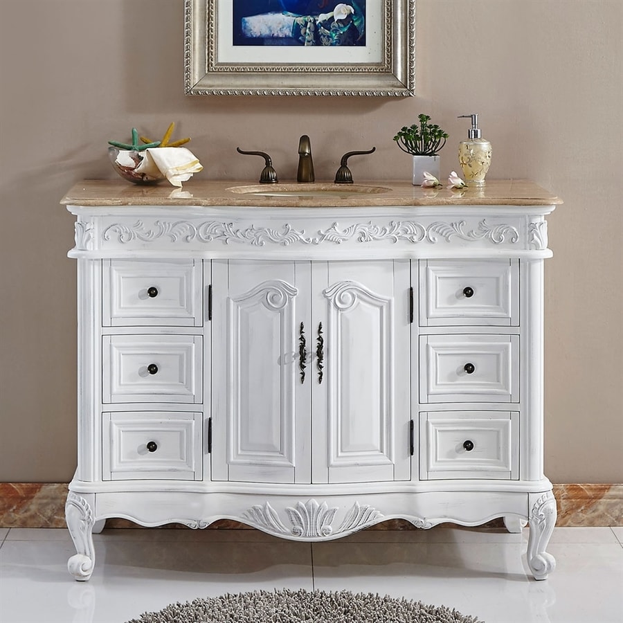 Silkroad Exclusive Ella Antique white Single Sink Vanity with Travertine Top (Common: 48-in x 22 ...