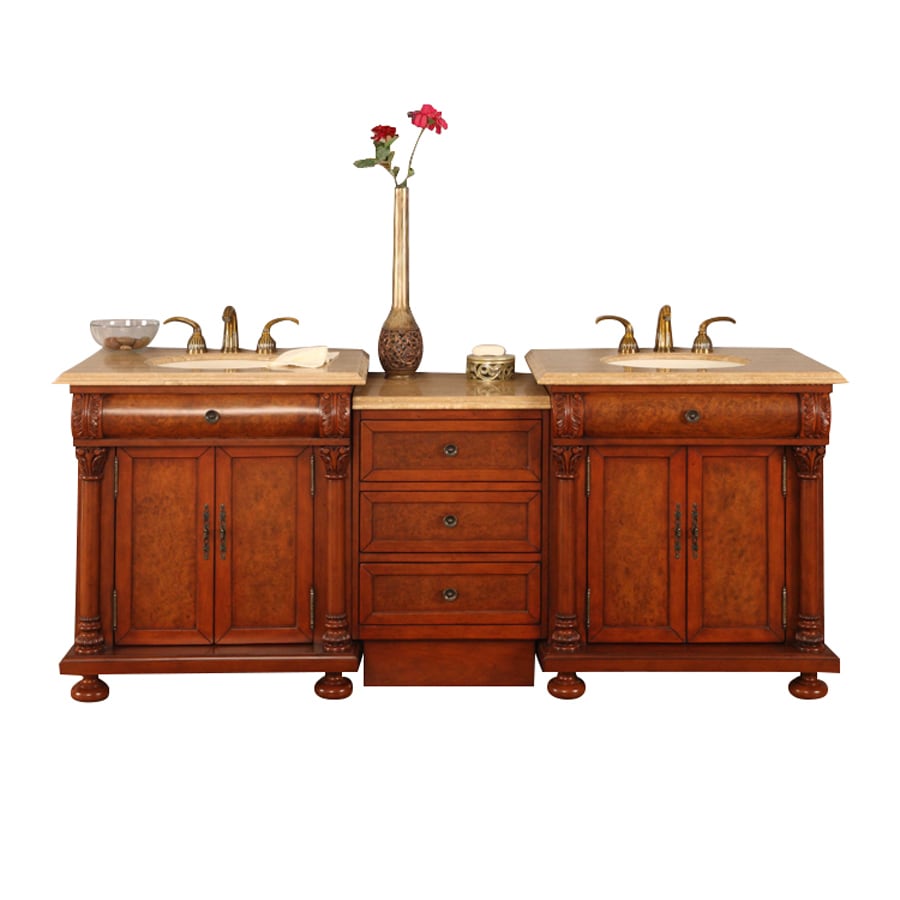 Silkroad Exclusive Emily English chestnut Double Sink Vanity with Travertine Top 83in