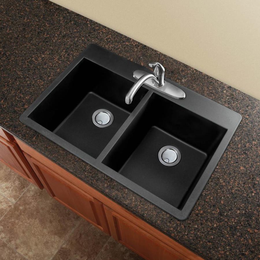 Transolid Radius 33-in x 22-in Black Double Equal Bowl Drop-In 1-Hole ...