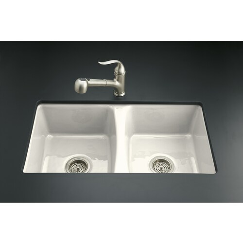 KOHLER Deerfield Undermount 33in x 22in Biscuit Double Equal Bowl 5Hole Kitchen Sink in the
