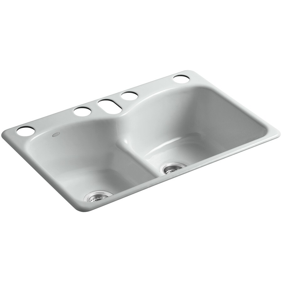 KOHLER Langlade Smart Divide Undermount Cast-Iron 33 in. 6-Hole Double Bowl Kitchen Sink in Ice Grey