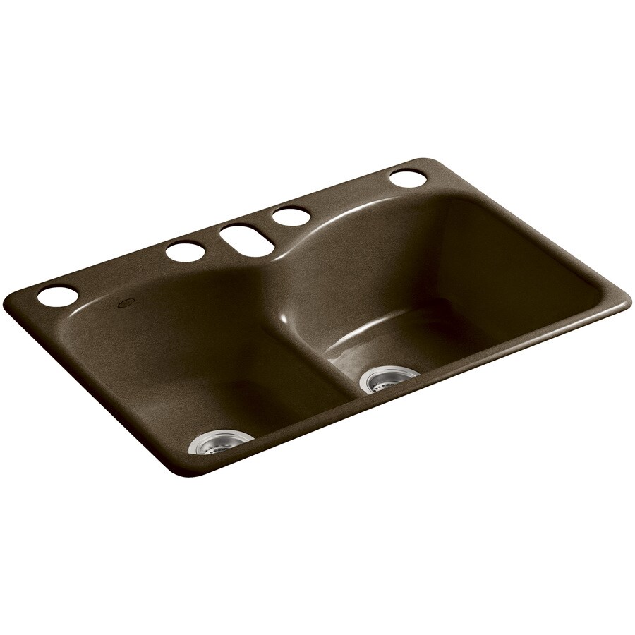 ... Tan Double-Basin Cast Iron Undermount 5-Hole Residential Kitchen Sink
