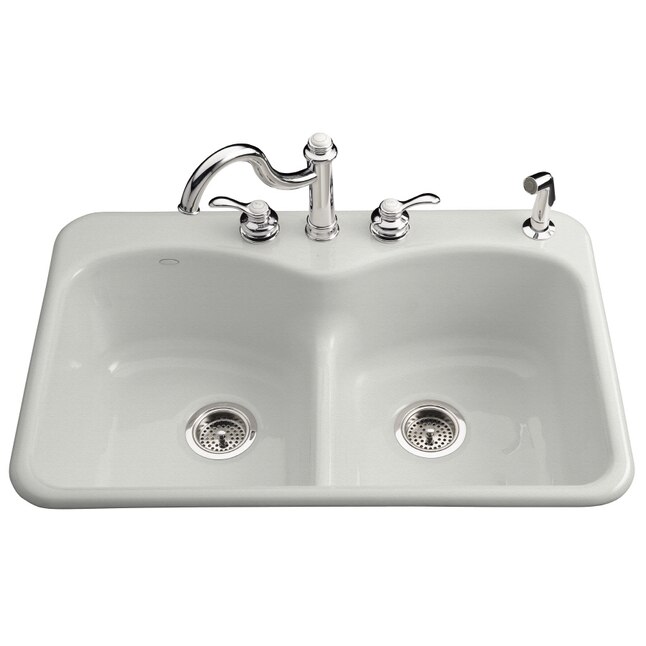 Langlade Smart Divide Drop-In Cast-Iron 33 in. 1-Hole Double Bowl Kitchen Sink in White Langlade Smart Divide Drop-In Cast-Iron 33 in. 1-Hole Double Bowl Kitchen Sink in White