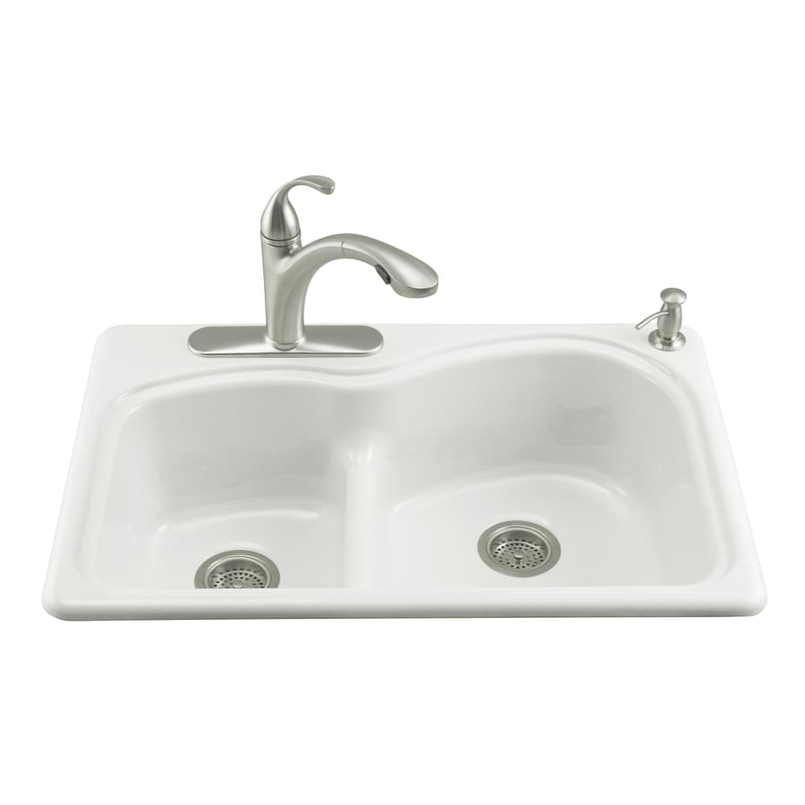 KOHLER White 4-Hole Double-Basin Cast Iron Topmount Kitchen Sink at ...