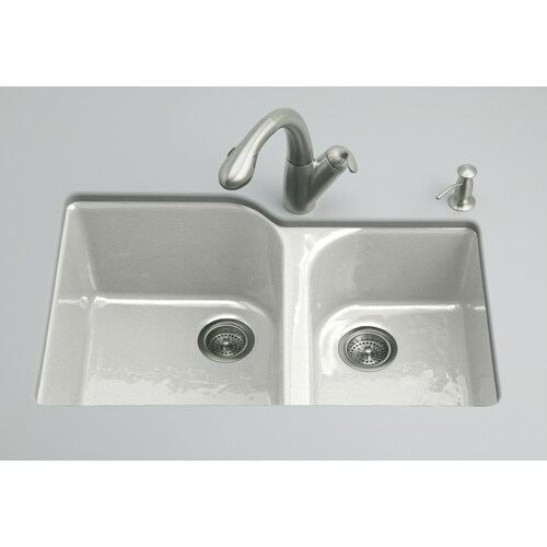 KOHLER Executive Chef 22in x 33in Sea Salt DoubleBasin Cast Iron Undermount 4Hole