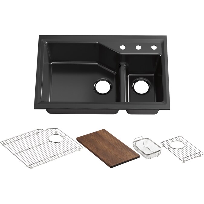 Kohler Indio 21 12 In X 33 In Black Double Basin Cast Iron Undermount 3 Hole Residential Kitchen Sink Drainboard Included In The Kitchen Sinks Department At Lowes Com