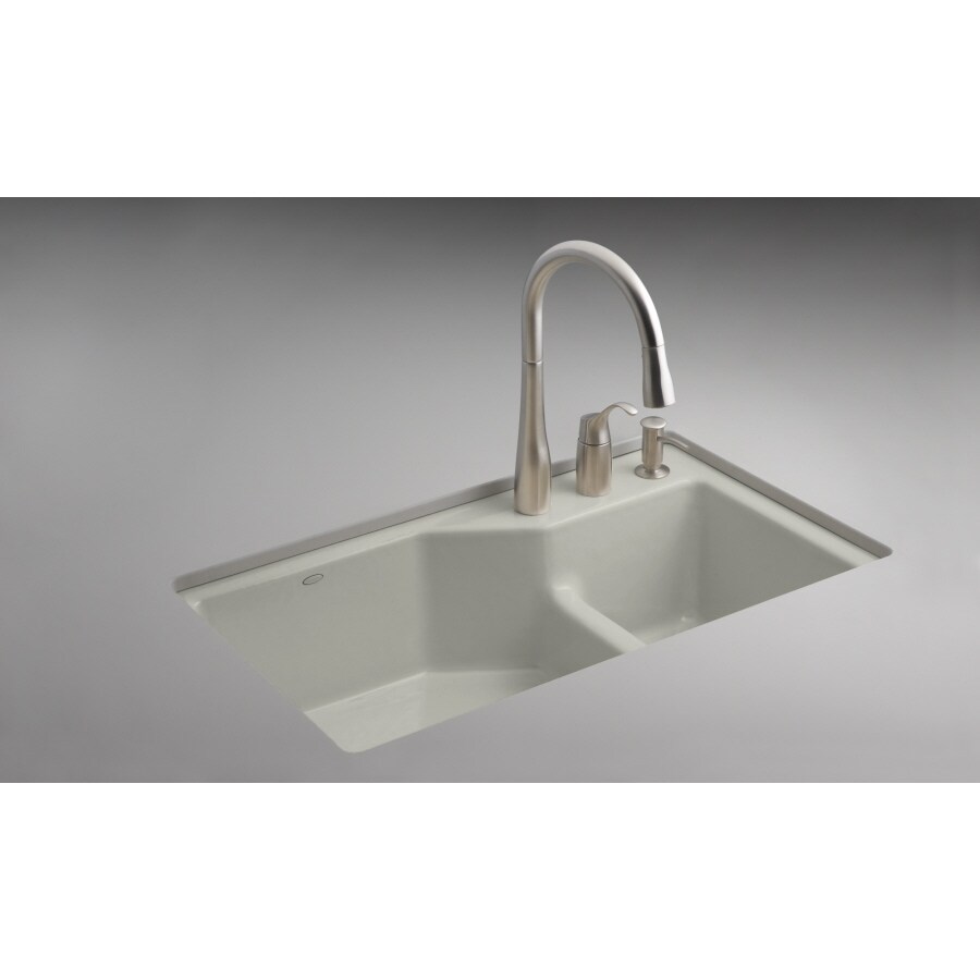 KOHLER Ice Grey 3Hole DoubleBasin Cast Iron Undermount Kitchen Sink