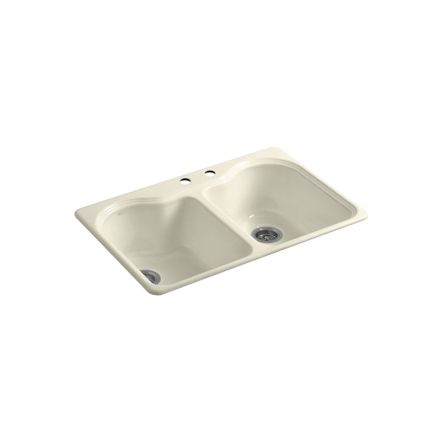 KOHLER 5818-2-FD Hartland 22-in x 33-in Cane Sugar Double-Basin Cast Iron Drop-In 2-Hole Commercial/Residential Kitchen Sink