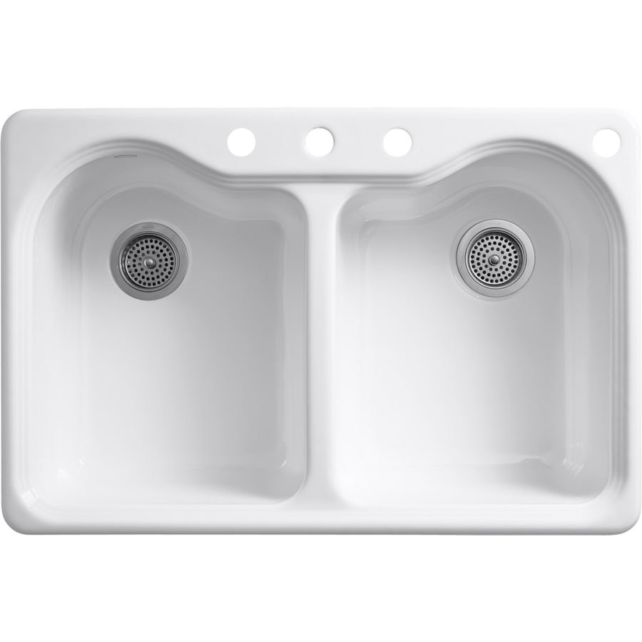 KOHLER Hartland 22-in x 33-in White Double-Basin Cast Iron Drop-in 4 ...