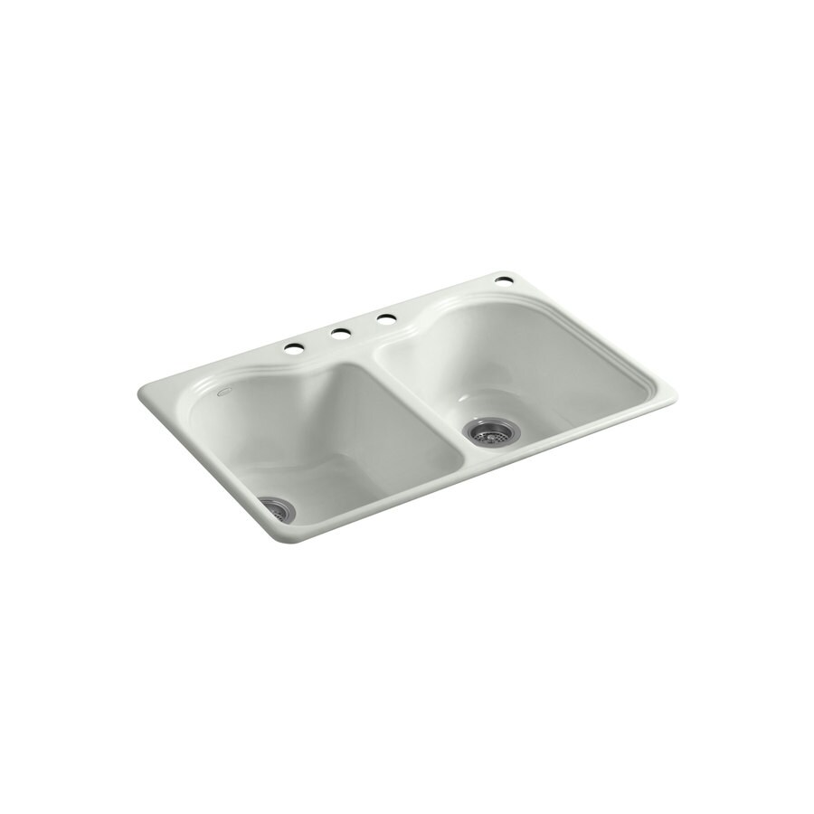 KOHLER 5818-4-FF Hartland 22-in x 33-in Sea Salt Double-Basin Cast Iron Drop-In 4-Hole Commercial/Residential Kitchen Sink